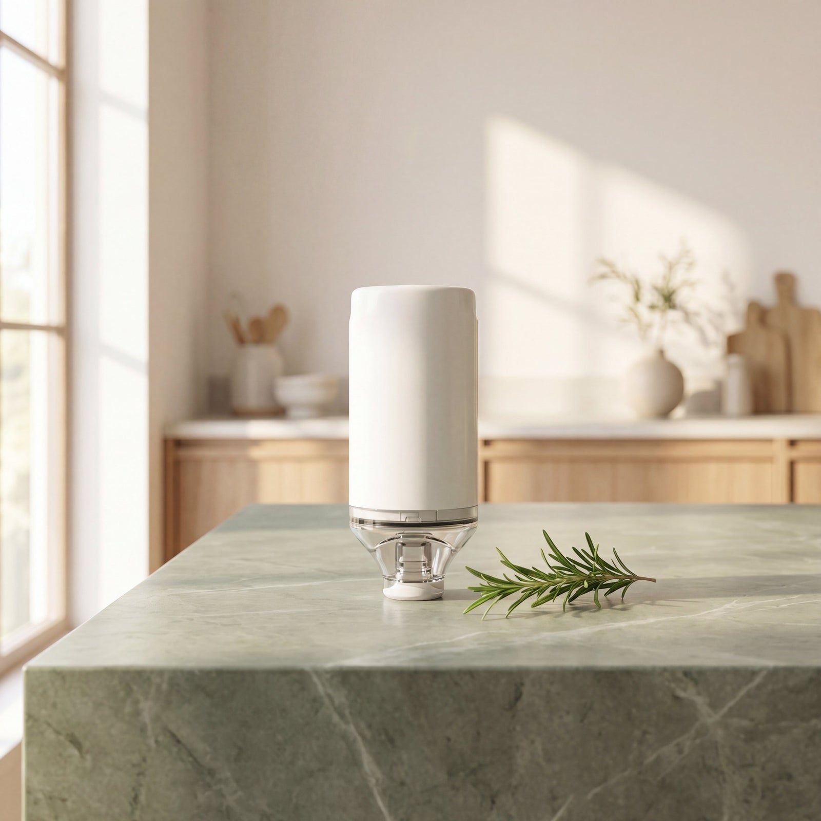 PrepSeal handheld vacuum sealer on sage green marble countertop